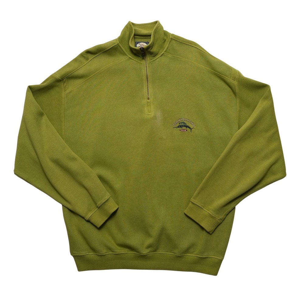 Tommy Bahama Quarter Zip Pullover Mens Large Green Cotton Marlin Logo Relax FLAW
